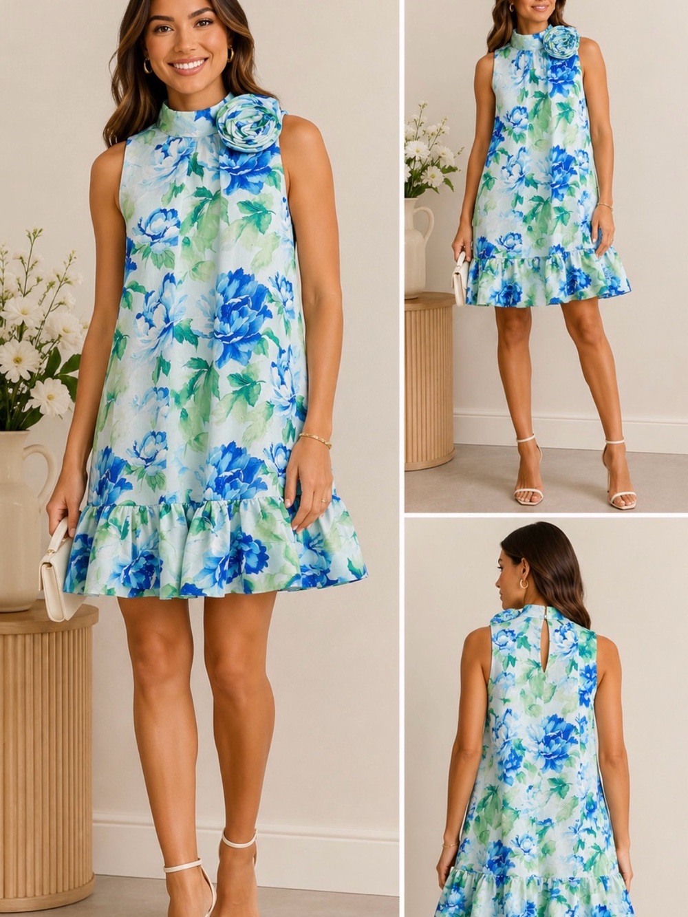 NWT Elliatt Blue Floral Rosette Ruffle Hem Mini Dress XS